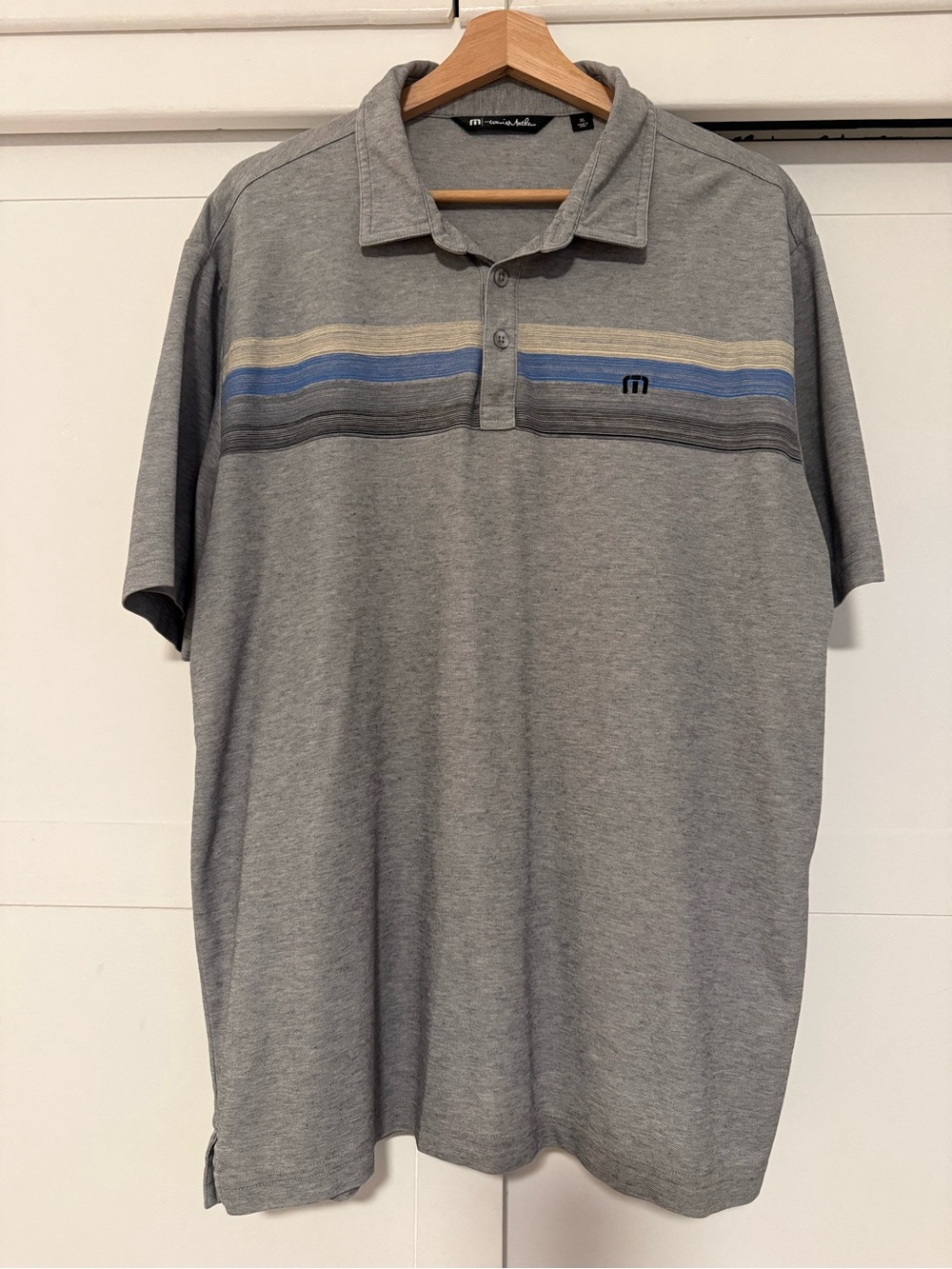 Travis Mathew Grey Polo with Blue and Cream Stripes